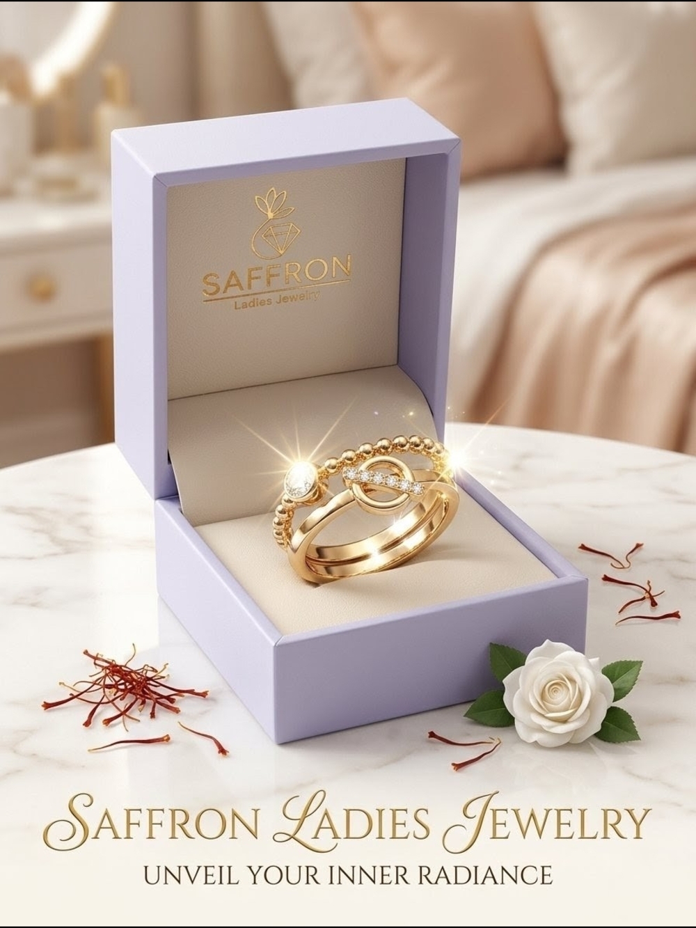 Saffron Double Band Celestial Orbit Ring - Gold Tone & Cubic Zirconia - Size 9